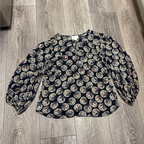 Maeve Tops - Maeve Navy and Cream Patterned Blouse